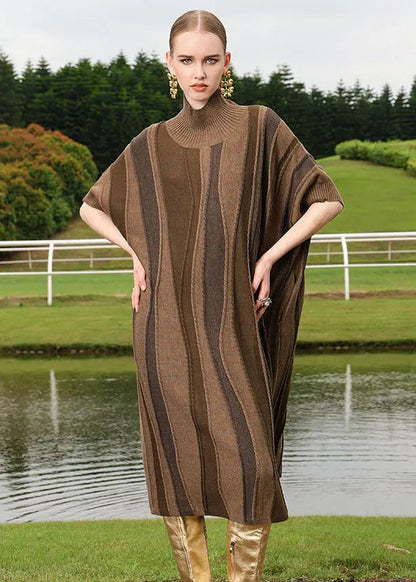 Loose Brown Striped Patchwork Woolen Knit Sweaters Long Dresses Short Sleeve Ada Fashion