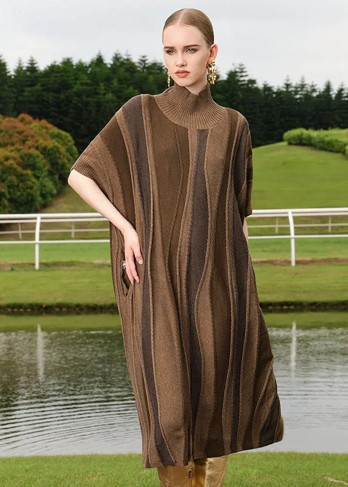 Loose Brown Striped Patchwork Woolen Knit Sweaters Long Dresses Short Sleeve Ada Fashion