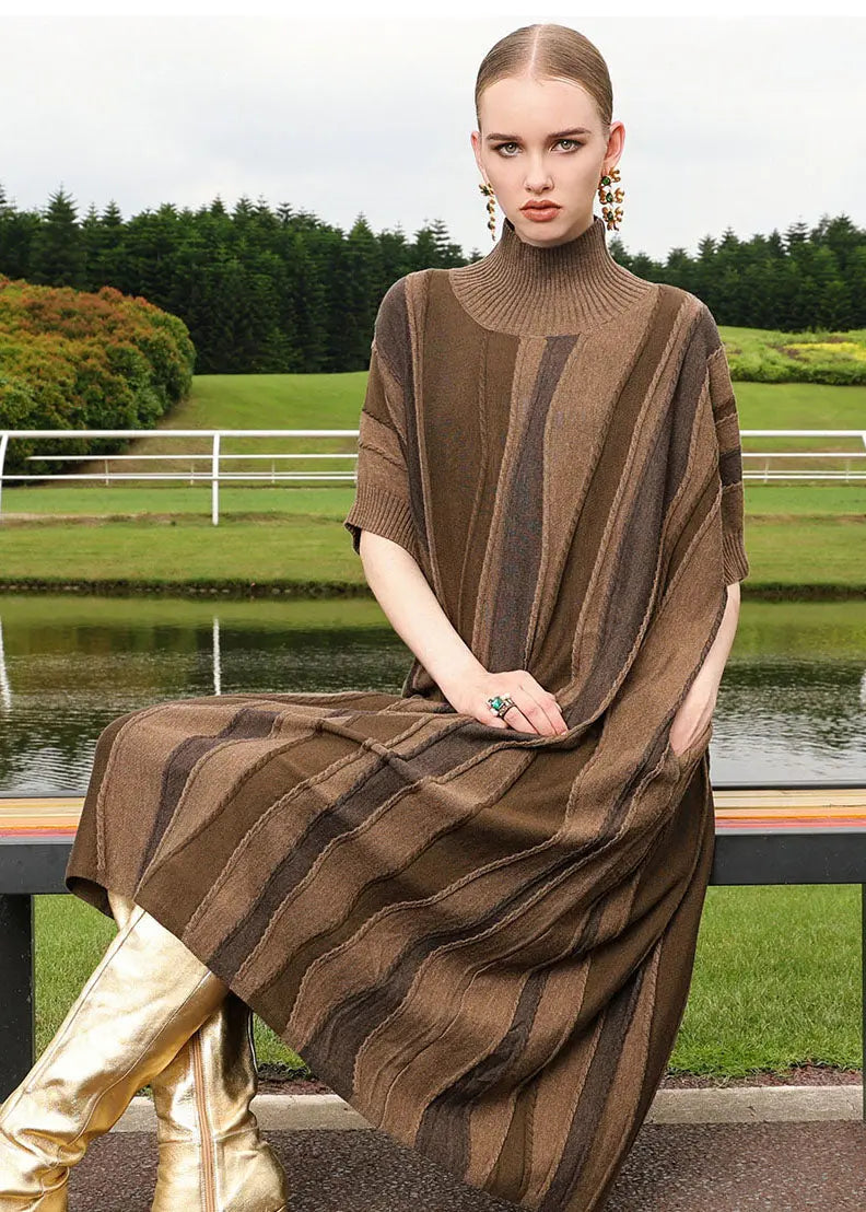 Loose Brown Striped Patchwork Woolen Knit Sweaters Long Dresses Short Sleeve Ada Fashion