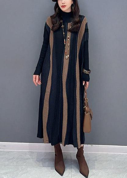 Loose Brown Striped Turtleneck Patchwork Knit Long Dresses Long Sleeve Ada Fashion