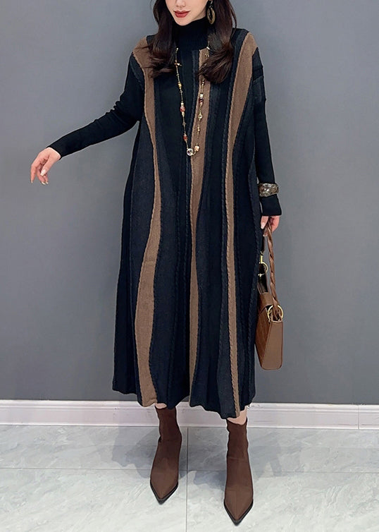 Loose Brown Striped Turtleneck Patchwork Knit Long Dresses Long Sleeve Ada Fashion