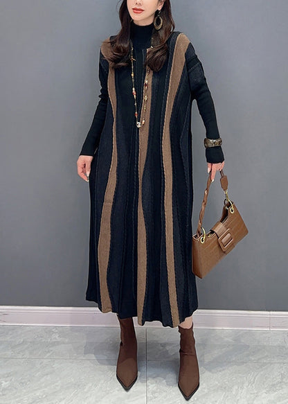 Loose Brown Striped Turtleneck Patchwork Knit Long Dresses Long Sleeve Ada Fashion