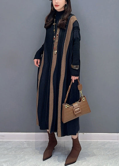 Loose Brown Striped Turtleneck Patchwork Knit Long Dresses Long Sleeve Ada Fashion