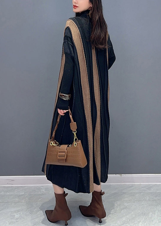 Loose Brown Striped Turtleneck Patchwork Knit Long Dresses Long Sleeve Ada Fashion