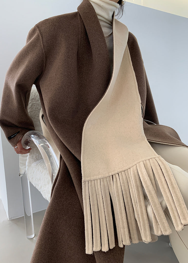 Loose Brown V Neck Tie Waist Double Sided Cashmere Long Coat Fall Ada Fashion