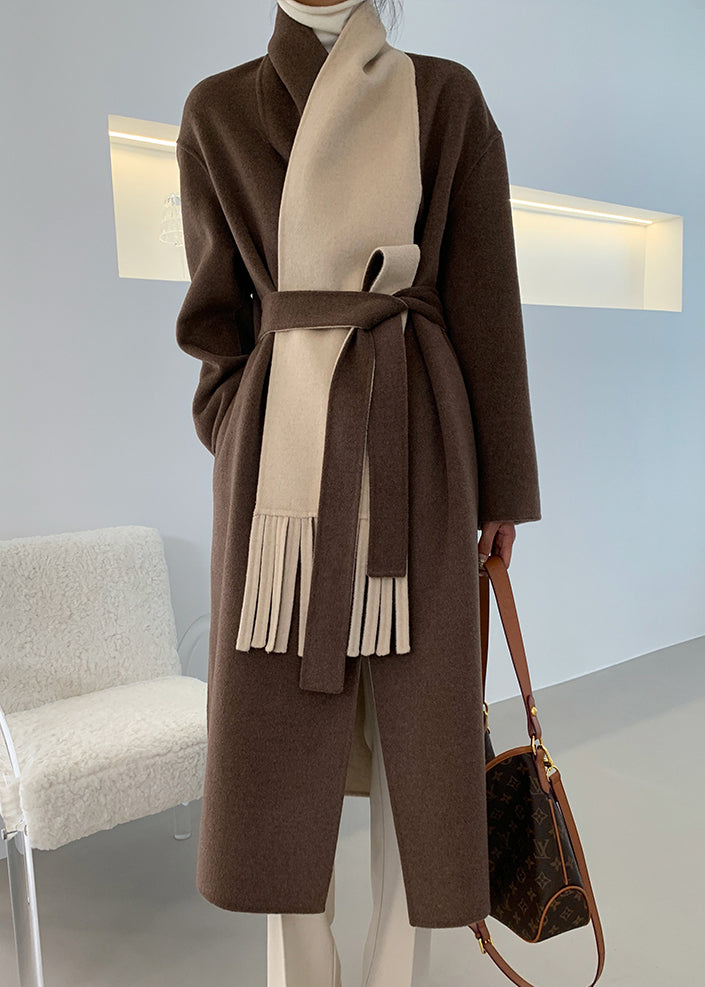 Loose Brown V Neck Tie Waist Double Sided Cashmere Long Coat Fall Ada Fashion