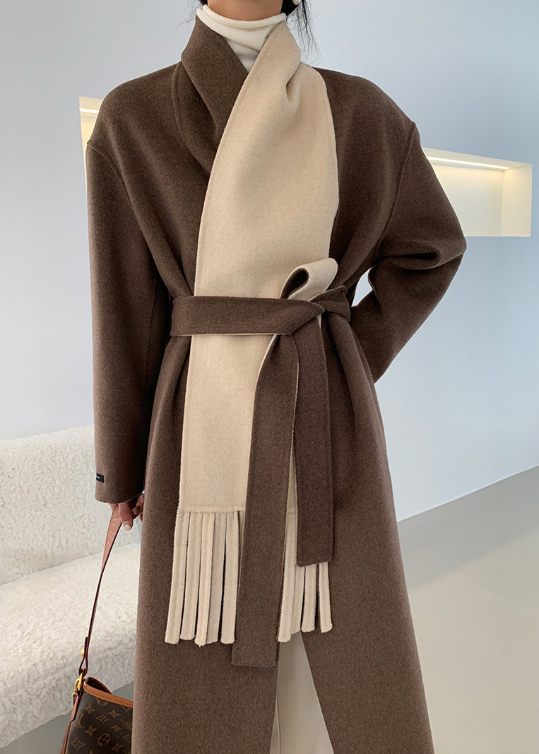 Loose Brown V Neck Tie Waist Double Sided Cashmere Long Coat Fall Ada Fashion