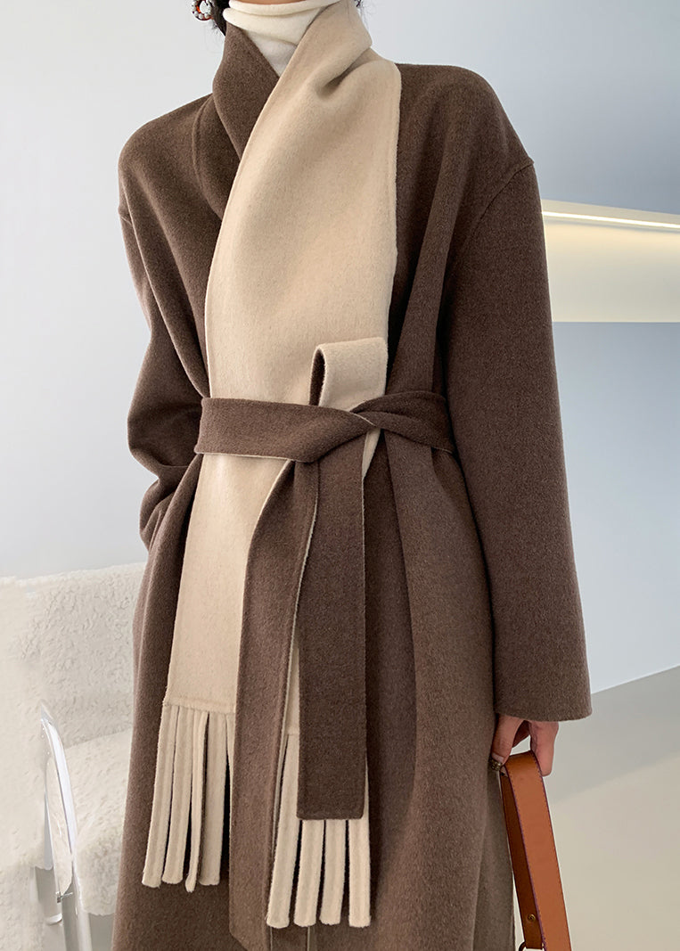 Loose Brown V Neck Tie Waist Double Sided Cashmere Long Coat Fall Ada Fashion