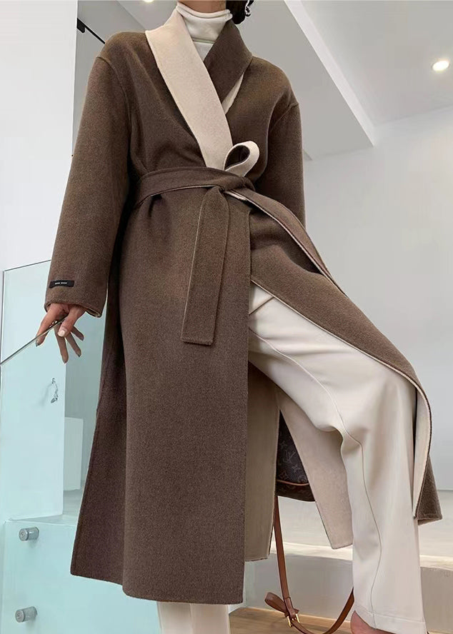 Loose Brown V Neck Tie Waist Double Sided Cashmere Long Coat Fall Ada Fashion