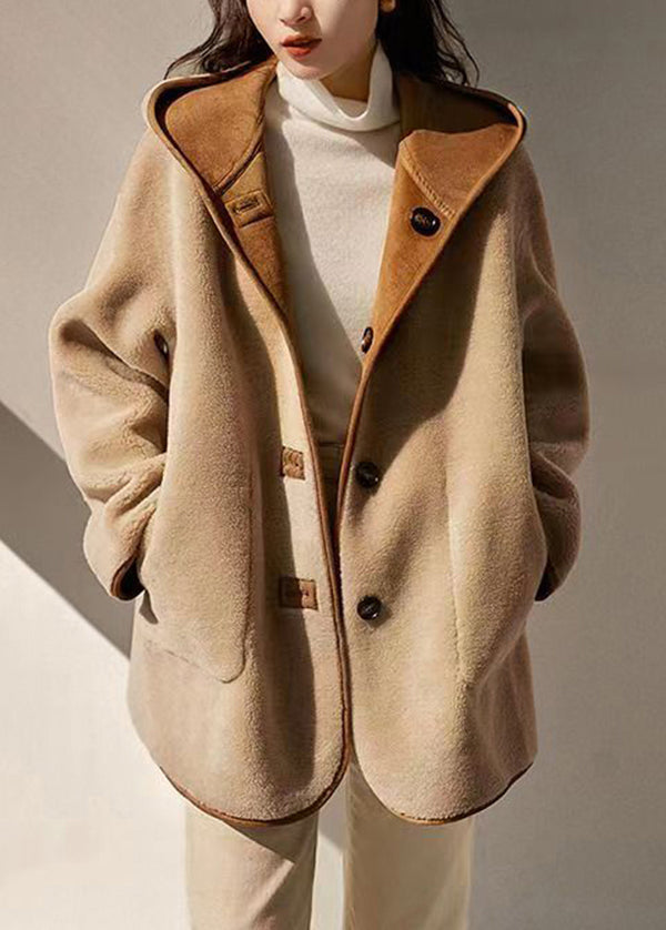 Loose Camel Hooded Pockets Patchwork Wear On Both Sides Woolen Coats Winter Ada Fashion