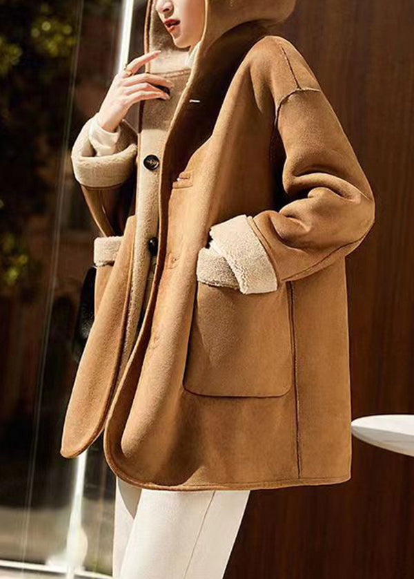 Loose Camel Hooded Pockets Patchwork Wear On Both Sides Woolen Coats Winter Ada Fashion