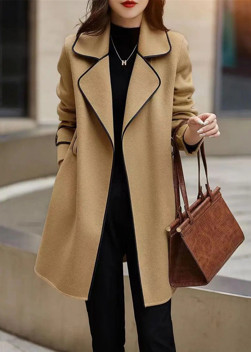 Loose Camel Tie Waist Pockets Patchwork Woolen Coat Winter Ada Fashion