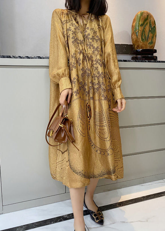 Loose Champagne Color Print Pockets Patchwork Silk Dress Long Sleeve Ada Fashion