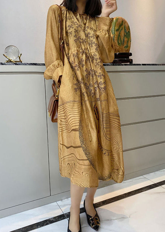 Loose Champagne Color Print Pockets Patchwork Silk Dress Long Sleeve Ada Fashion