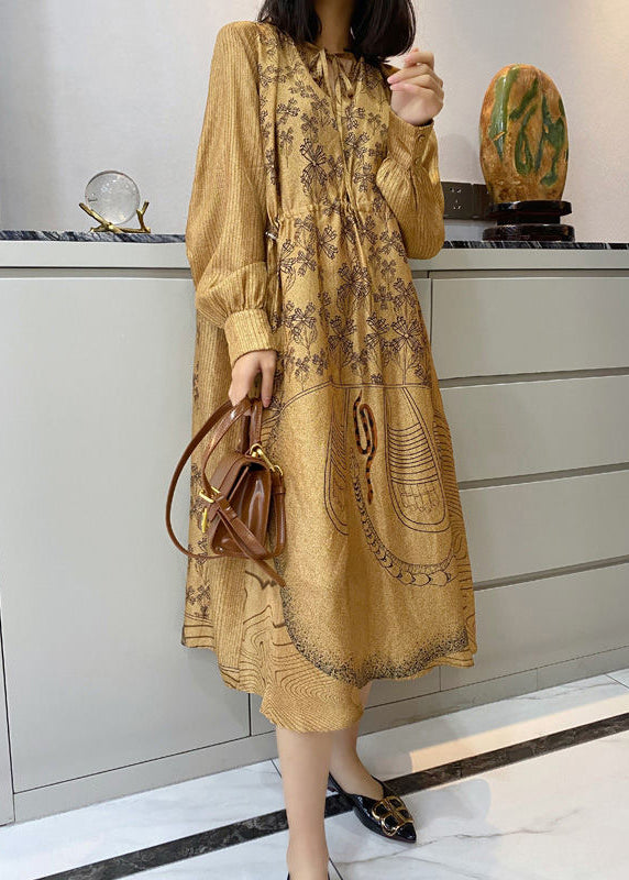 Loose Champagne Color Print Pockets Patchwork Silk Dress Long Sleeve Ada Fashion