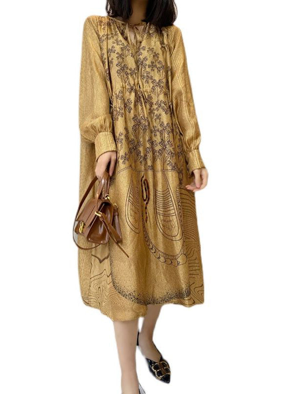 Loose Champagne Color Print Pockets Patchwork Silk Dress Long Sleeve Ada Fashion
