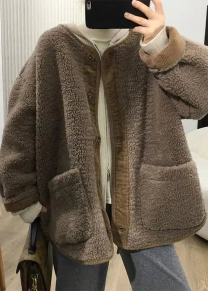 Loose Coffee Button Pockets  Teddy Faux Fur Coats Fall Ada Fashion