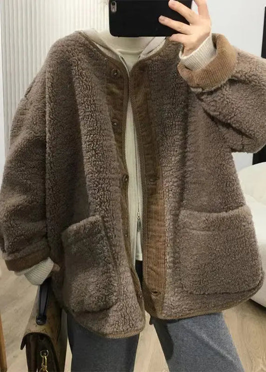 Loose Coffee Button Pockets  Teddy Faux Fur Coats Fall Ada Fashion