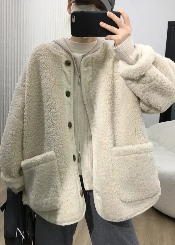 Loose Coffee Button Pockets  Teddy Faux Fur Coats Fall Ada Fashion