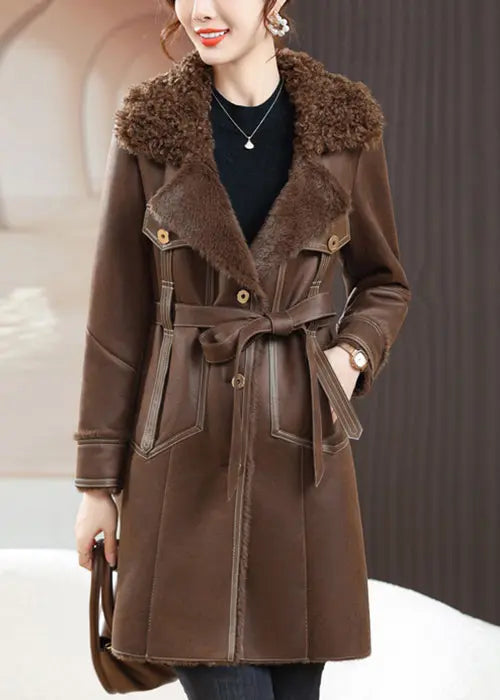 Loose Coffee Fur Collar Button Tie Waist Fuzzy Fur Coats Winter Ada Fashion