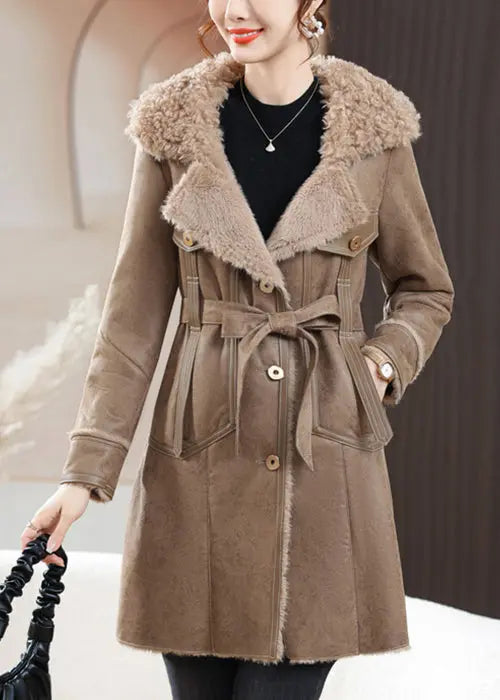 Loose Coffee Fur Collar Button Tie Waist Fuzzy Fur Coats Winter Ada Fashion