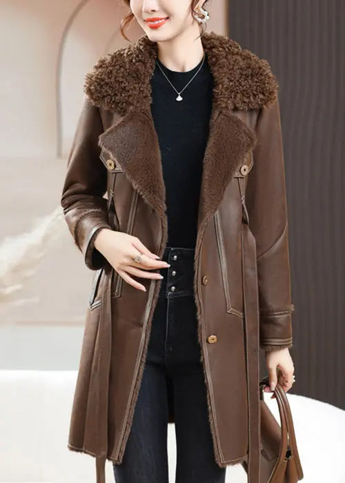 Loose Coffee Fur Collar Button Tie Waist Fuzzy Fur Coats Winter Ada Fashion