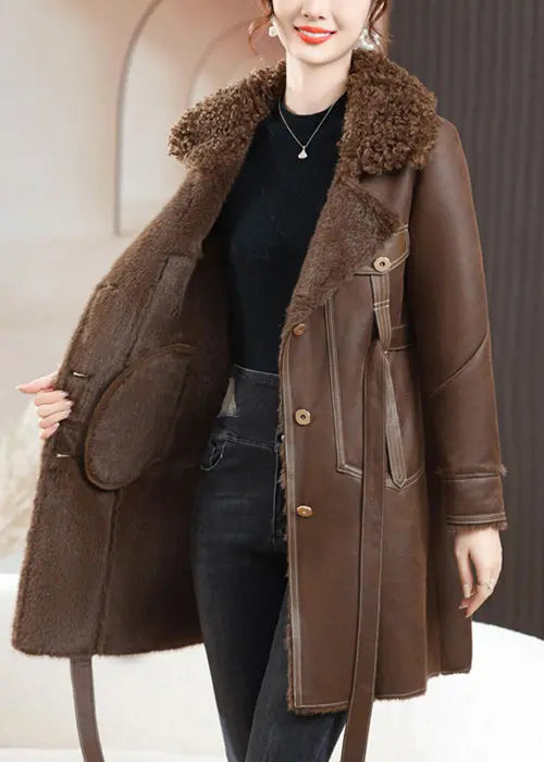 Loose Coffee Fur Collar Button Tie Waist Fuzzy Fur Coats Winter Ada Fashion