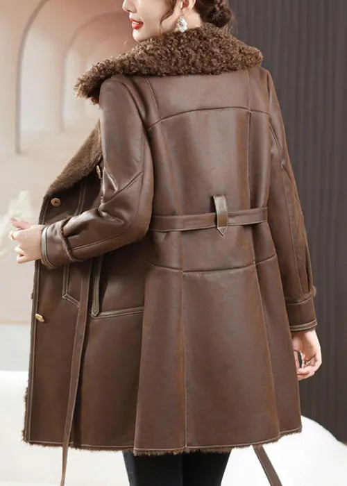 Loose Coffee Fur Collar Button Tie Waist Fuzzy Fur Coats Winter Ada Fashion