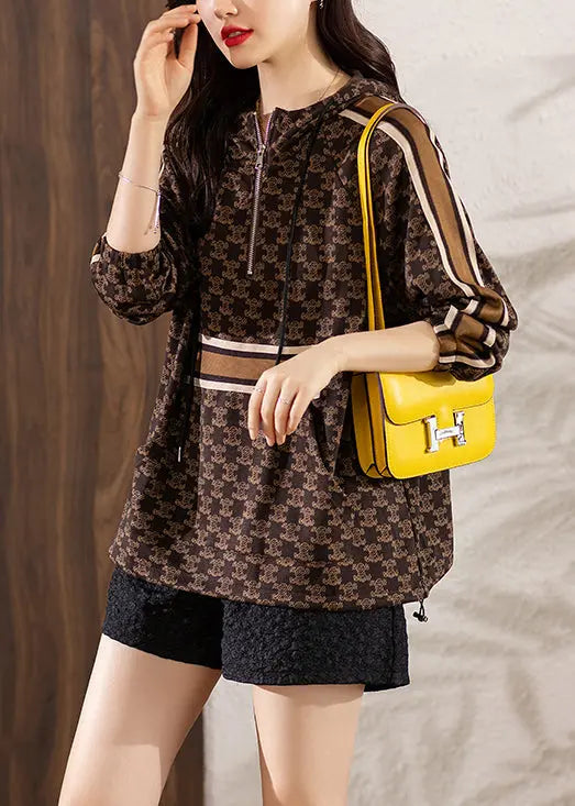 Loose Coffee Hooded Print Pockets Cotton Top Fall Ada Fashion