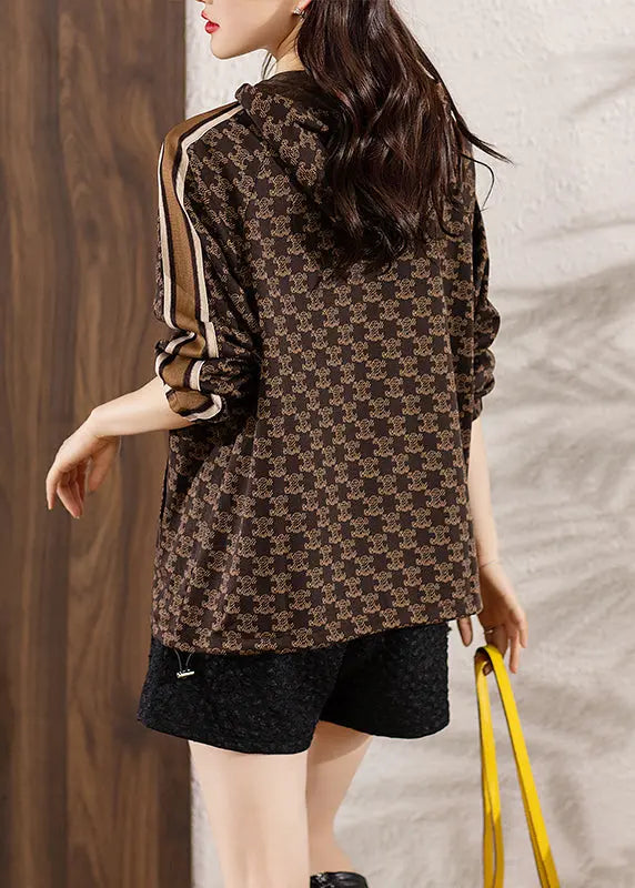 Loose Coffee Hooded Print Pockets Cotton Top Fall Ada Fashion