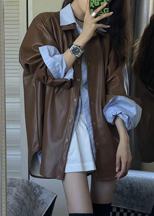 Loose Coffee Peter Pan Collar Button Faux Leather Jackets Long Sleeve Ada Fashion