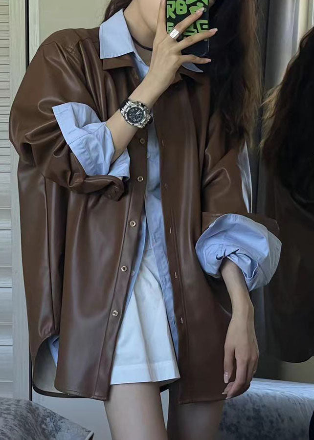 Loose Coffee Peter Pan Collar Button Faux Leather Jackets Long Sleeve Ada Fashion