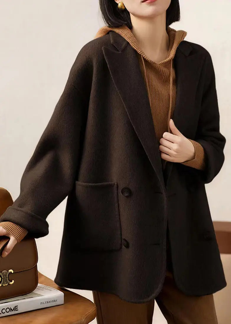 Loose Coffee Peter Pan Collar Pockets Patchwork Woolen Coats Winter Ada Fashion