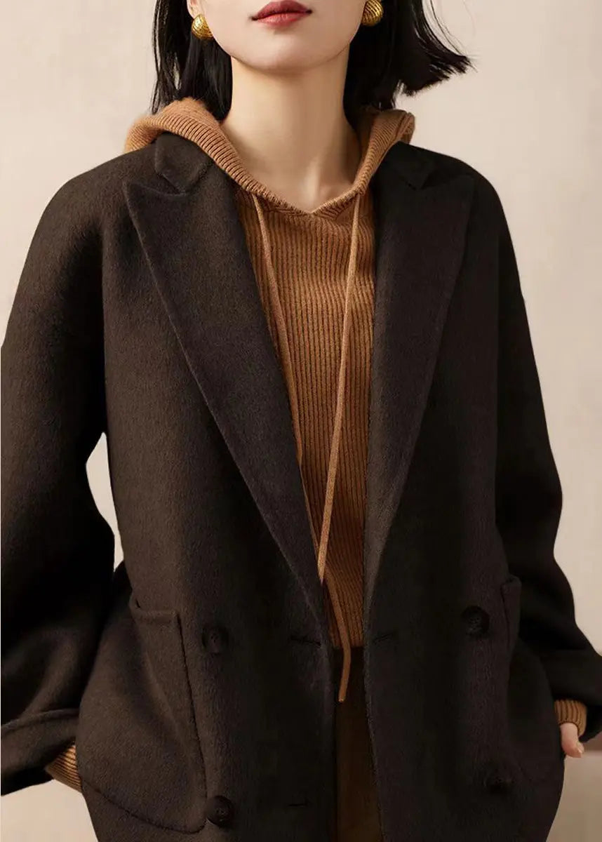 Loose Coffee Peter Pan Collar Pockets Patchwork Woolen Coats Winter Ada Fashion