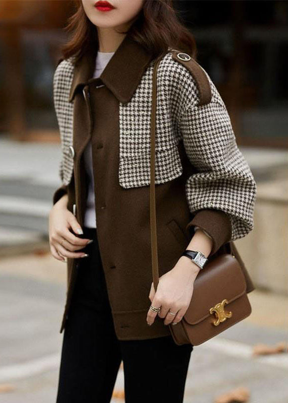 Loose Coffee Plaid Button Patchwork Cotton Coats Fall Ada Fashion