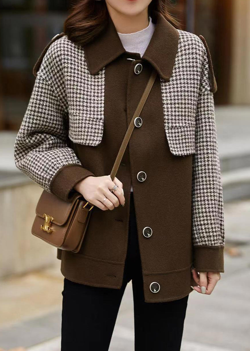 Loose Coffee Plaid Button Patchwork Cotton Coats Fall Ada Fashion