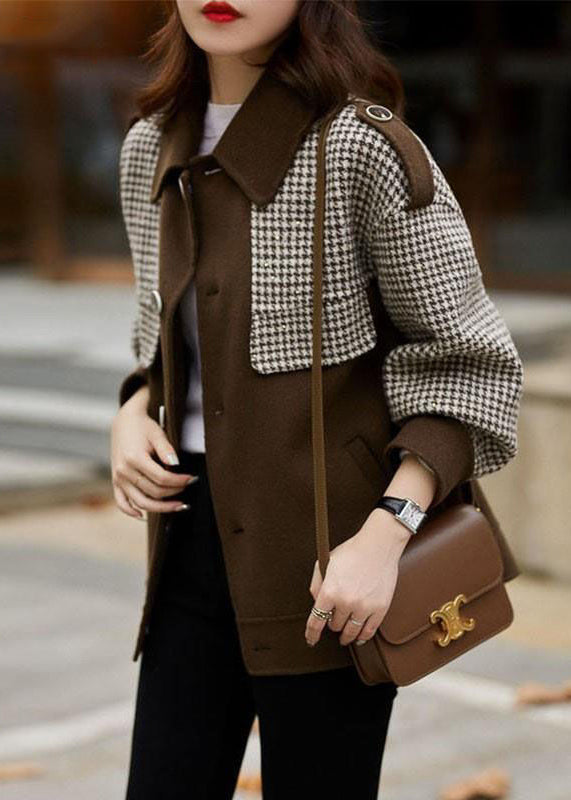 Loose Coffee Plaid Button Patchwork Cotton Coats Fall Ada Fashion