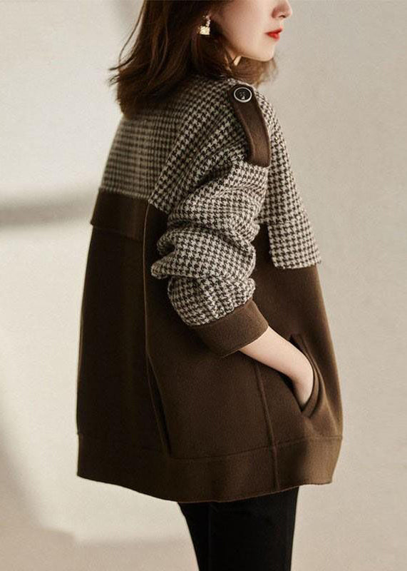 Loose Coffee Plaid Button Patchwork Cotton Coats Fall Ada Fashion