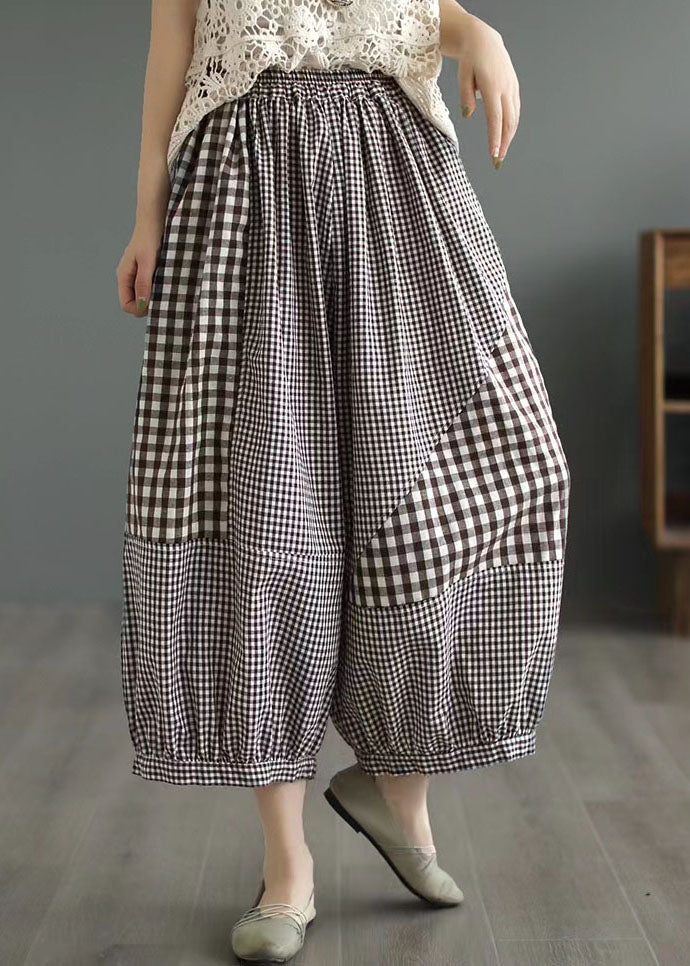 Loose Coffee Plaid Pockets Patchwork Cotton Lantern Pants Summer LY5296 - fabuloryshop