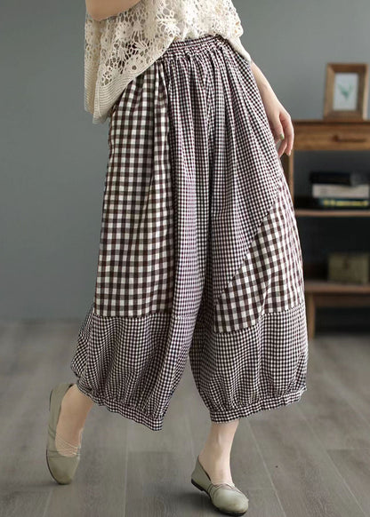 Loose Coffee Plaid Pockets Patchwork Cotton Lantern Pants Summer LY5296 - fabuloryshop