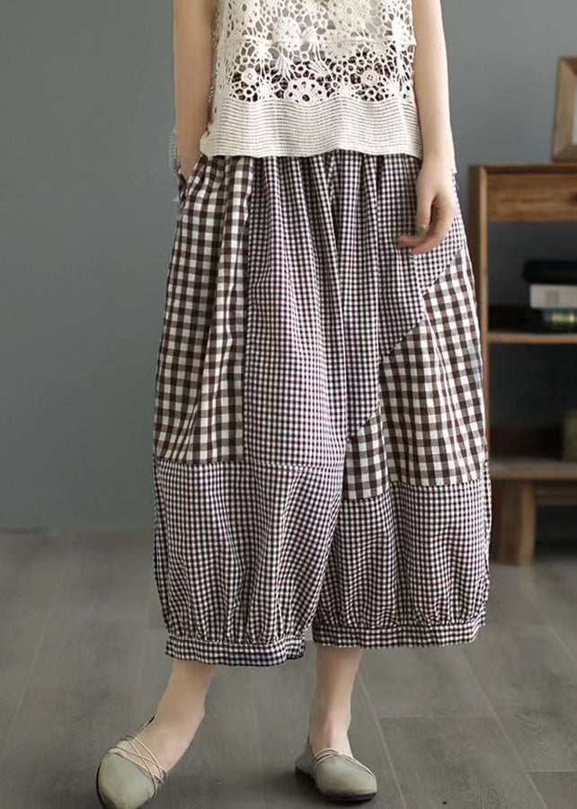 Loose Coffee Plaid Pockets Patchwork Cotton Lantern Pants Summer LY5296 - fabuloryshop