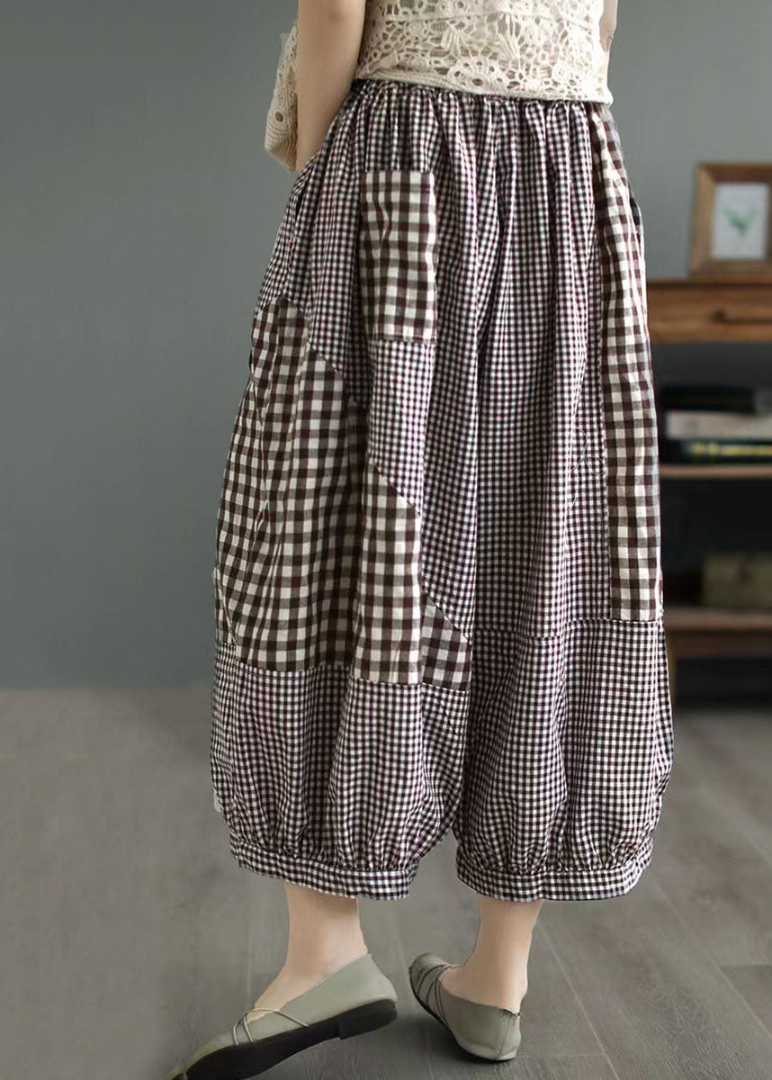 Loose Coffee Plaid Pockets Patchwork Cotton Lantern Pants Summer LY5296 - fabuloryshop