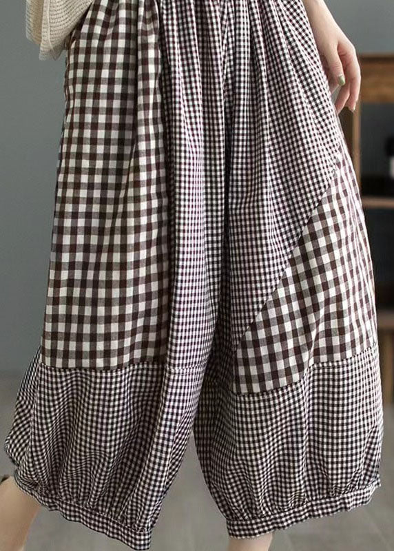 Loose Coffee Plaid Pockets Patchwork Cotton Lantern Pants Summer LY5296 - fabuloryshop