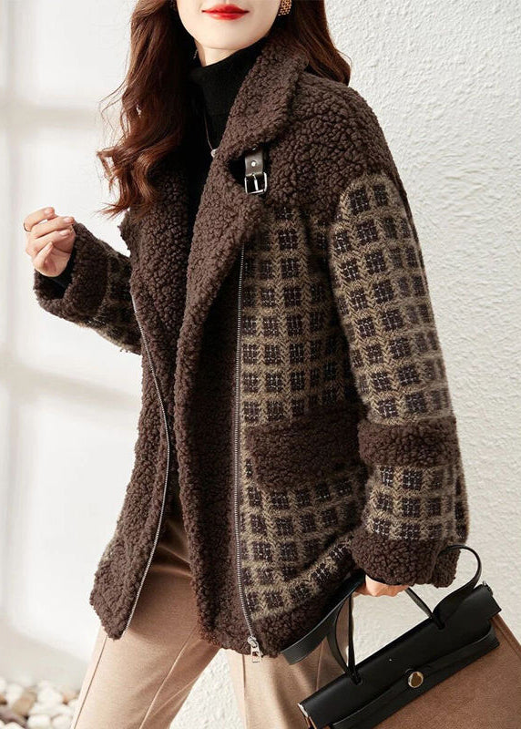 Loose Coffee Plaid Zip Up Patchwork Teddy Faux Fur Coat Winter Ada Fashion