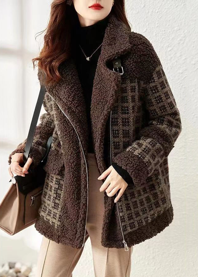 Loose Coffee Plaid Zip Up Patchwork Teddy Faux Fur Coat Winter Ada Fashion