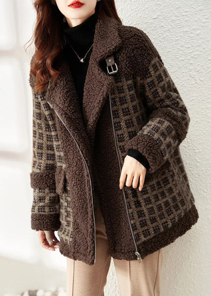 Loose Coffee Plaid Zip Up Patchwork Teddy Faux Fur Coat Winter Ada Fashion