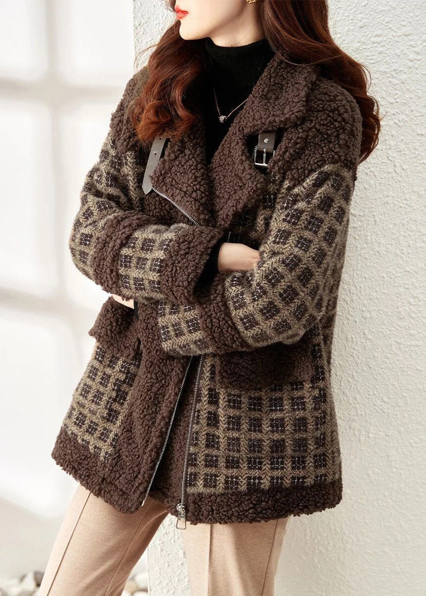 Loose Coffee Plaid Zip Up Patchwork Teddy Faux Fur Coat Winter Ada Fashion