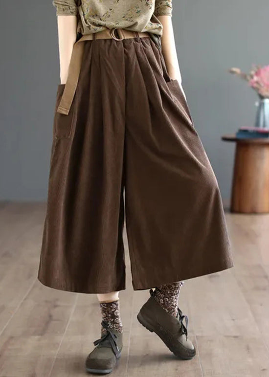 Loose Coffee Pockets Patchwork Corduroy Wide Leg Pants Fall Ada Fashion