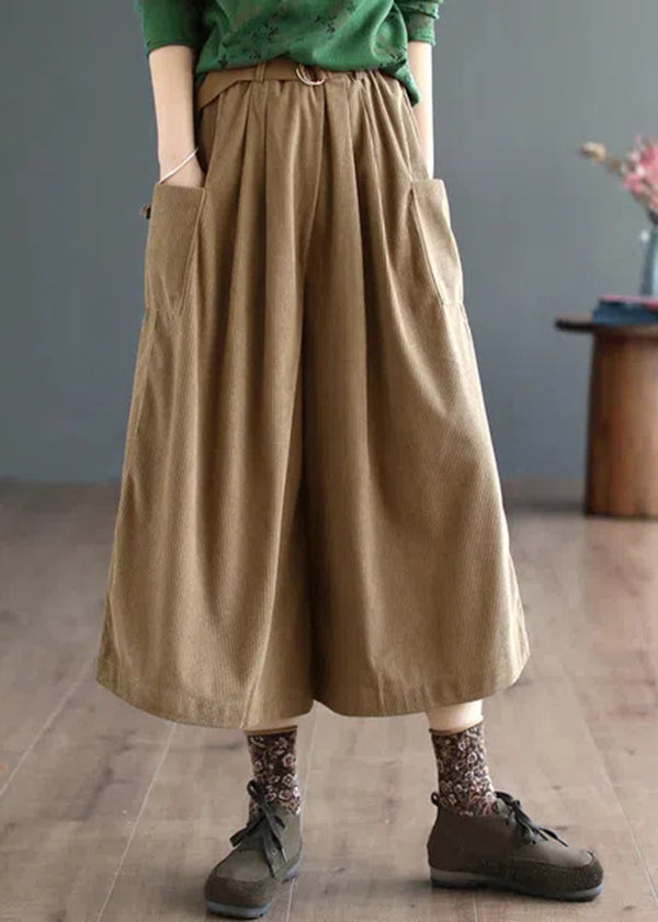 Loose Coffee Pockets Patchwork Corduroy Wide Leg Pants Fall Ada Fashion
