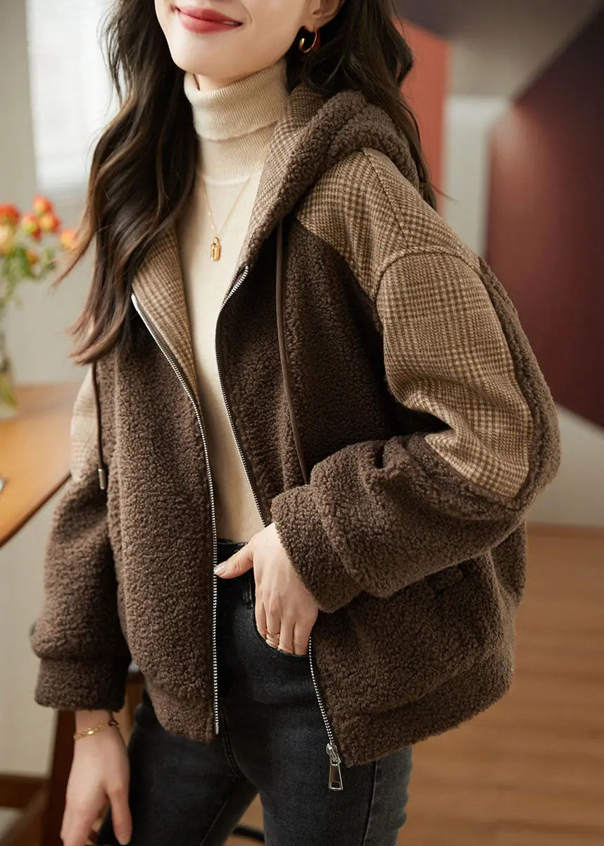 Loose Coffee Zippered Plaid Patchwork Faux Fur Hoodie Coat Fall Ada Fashion